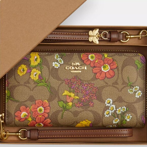 🌸 Coach Boxed Long Zip Around Wallet In Signature Canvas With Floral Print - Picture 2 of 14